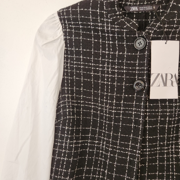 NWT Zara black and white tweed long-sleeved crop top Size M - Picture 2 of 4